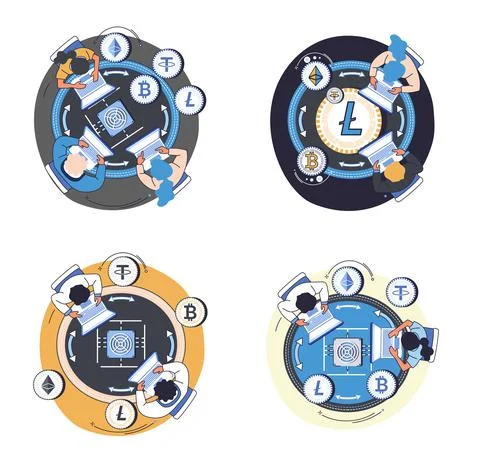 Cryptocurrency exchange platform and blockchain. Bitcoin mining, exchange Stock Illustration