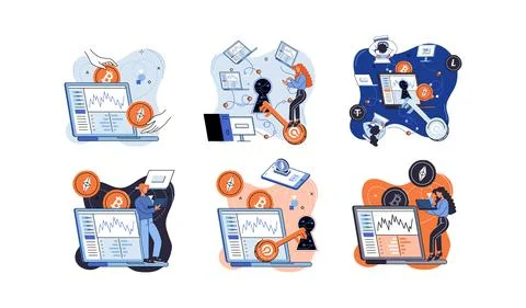Cryptocurrency exchange platform and blockchain. Bitcoin mining, exchange イラスト素材
