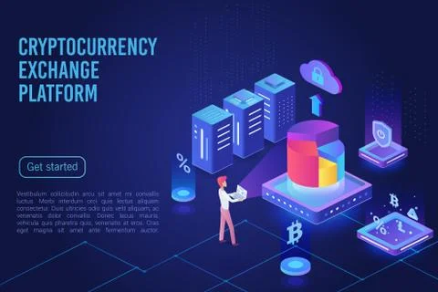 Cryptocurrency exchange platform dark neon light landing page vector template Stock Illustration