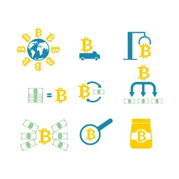 Cryptocurrency Extraction and exchange set icon. Mining bitcoin farm icon. Ra Stock Illustration