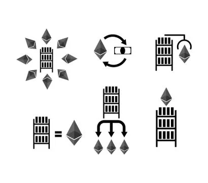 Cryptocurrency Extraction and exchange system set icon. Mining etherium farm  Stock Illustration