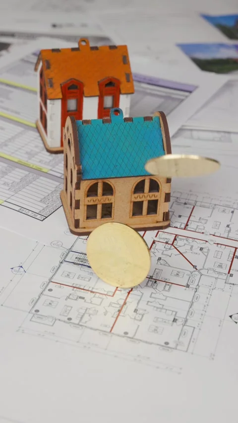 Cryptocurrency falls onto blueprints with floor plans of a house Stock Footage 305638964