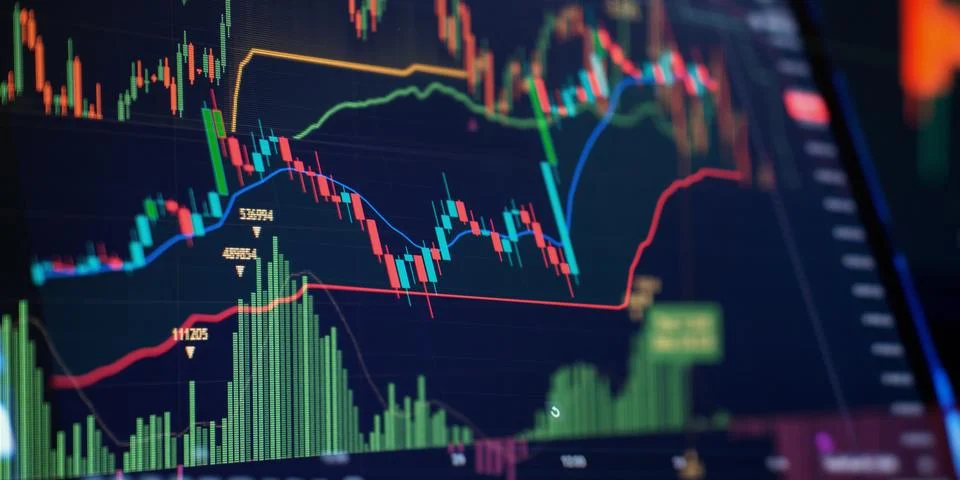 Cryptocurrency financial data analysis graph with volume indicators and volat Stock Photos