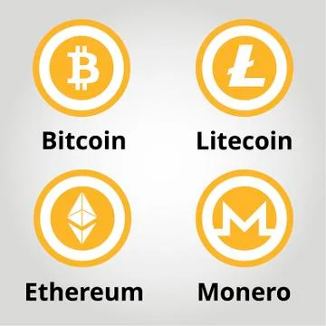 Cryptocurrency flat gold logo set - bitcoin, litecoin, ethereum, monero. Stock Illustration