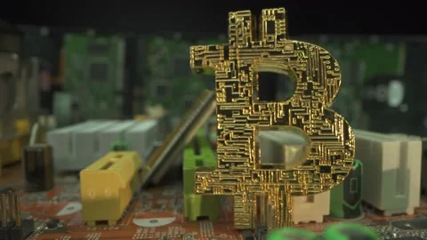 Cryptocurrency Gold Colour Bitcoin Blockchain technology, Macro shot of bitcoins Stock Footage 143376093