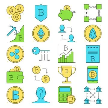 Cryptocurrency icon set in colored line style Stock Illustration