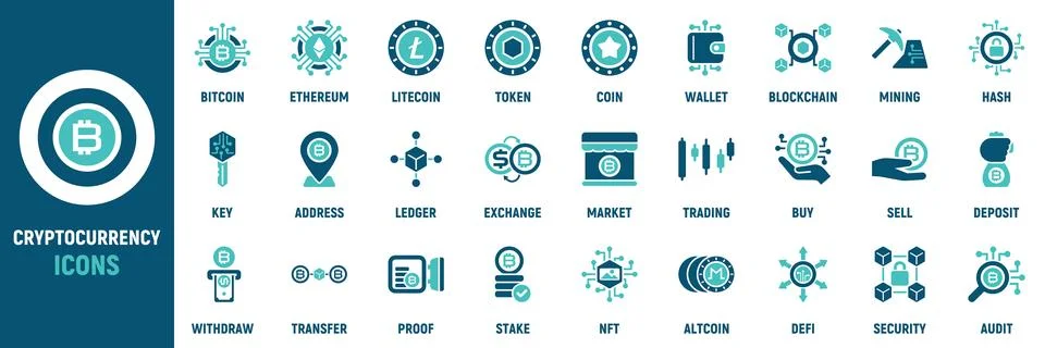 Cryptocurrency icon set. Containing bitcoin, ethereum Stock Illustration
