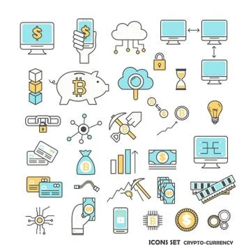 Cryptocurrency icon set, vector modern thin line flat style design Stock Illustration