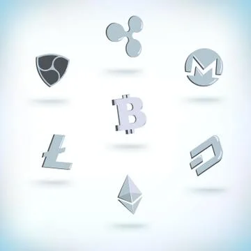 Cryptocurrency icons set. Cryptography currency. Bitcoin, Dash, Ethereum Stock Illustration