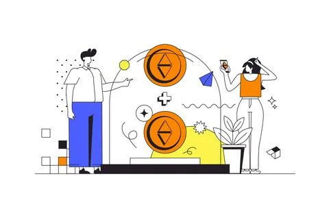 Cryptocurrency investment web concept in flat outline design with character.. Stock Illustration