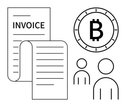Cryptocurrency invoice document, Bitcoin symbol coin, and people icons. Ideal Stock Illustration