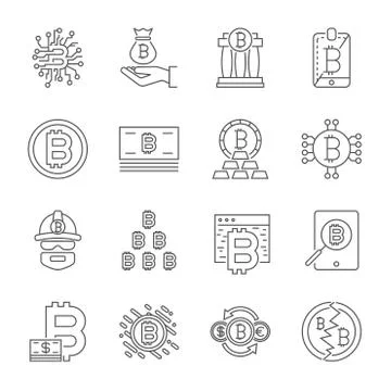Cryptocurrency Line Icons Set. Vector Collection of Thin Outline Bitcoin Fina Illustrazione stock