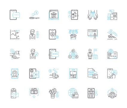 Cryptocurrency linear icons set. Bitcoin, Blockchain, Ethereum, Litecoin, Ripple Stock Illustration