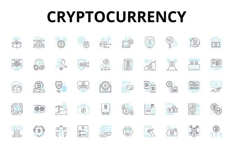 Cryptocurrency linear icons set. Bitcoin, Blockchain, Ethereum, Altcoins, Mining Stock Illustration