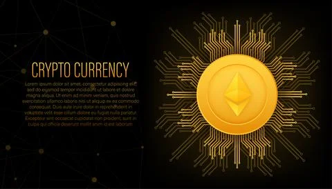 Cryptocurrency logo. Etherium in flat style on golden background. Vector design Stock Illustration