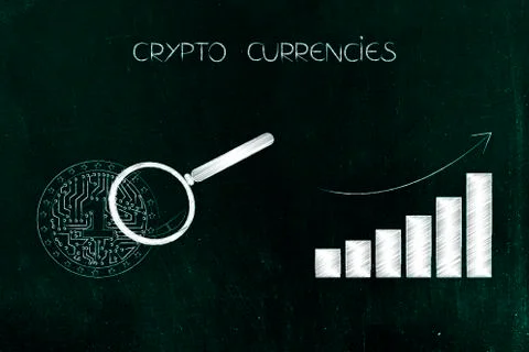 Cryptocurrency with magnifying glass analyzing it next to positive outcome st Stock Illustration