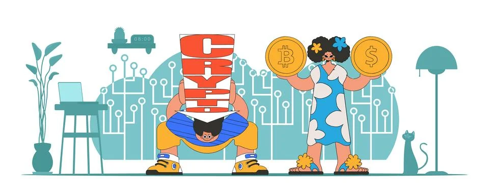 Cryptocurrency management theme. People interact with crypto assets. Stock Illustration