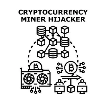 Cryptocurrency miner hijacker attacking network security concept Stock Illustration