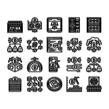 Cryptocurrency mining and blockchain technology icons collection イラスト素材