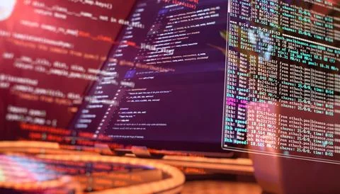 Cryptocurrency mining and coding terminal overlay Stockfoto's