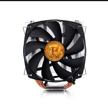 Cryptocurrency mining. Bitcoin coin on a computer graphics card component. Stock Photos