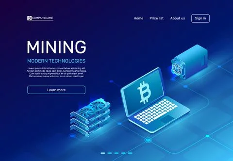 Cryptocurrency mining. Blockchain farms mainframe or mine computer system. .. Stock Illustration