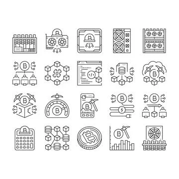 Cryptocurrency mining blockchain icons set vector Illustrazione stock