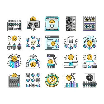 Cryptocurrency mining blockchain icons set vector Illustrazione stock