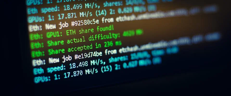 Cryptocurrency mining on a computer closeup Stock Photos