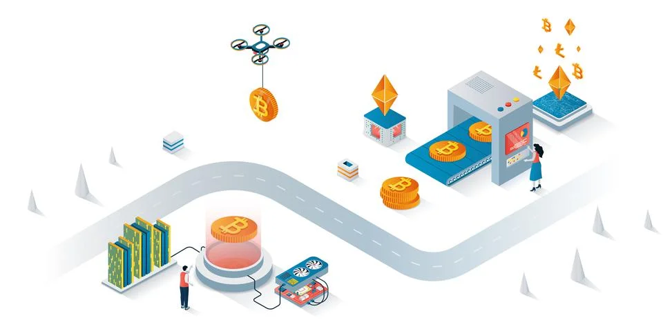Cryptocurrency mining concept 3d isometric web banner. Vector illustration Stock Illustration