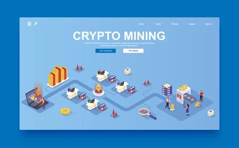 Cryptocurrency mining concept 3d isometric landing page template. People work Stock Illustration