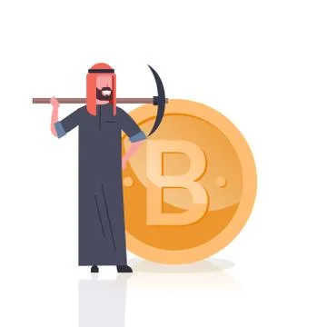 Cryptocurrency Mining Concept Arab Man With Pickaxe Over Golden Bitcoin Coin Ilustração Stock