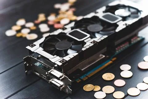 Cryptocurrency mining concept with bitcoins on a computer videocard Crypto... Fotos de archivo