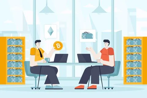 Cryptocurrency mining concept in flat design. Men make digital money scene Stock Illustration