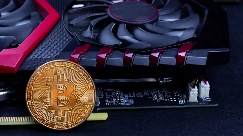 Cryptocurrency mining concept with golden bitcoin coins next Stock Footage 180902636