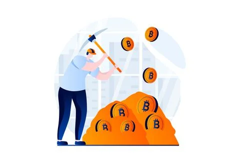 Cryptocurrency mining concept with people scene in flat cartoon design. Man Stock Illustration