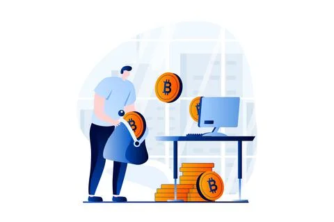 Cryptocurrency mining concept with people scene in flat cartoon design. Man Stock Illustration