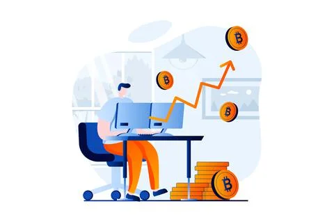 Cryptocurrency mining concept with people scene in flat cartoon design. Man Stock Illustration