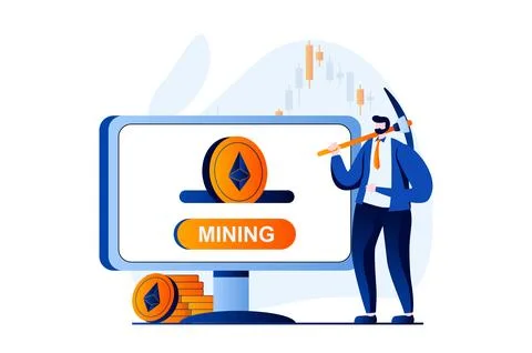 Cryptocurrency mining concept with people scene in flat cartoon design. Man Stock Illustration