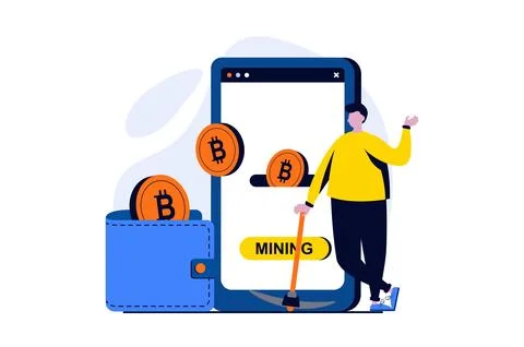 Cryptocurrency mining concept with people scene in flat cartoon design. Man Stock Illustration