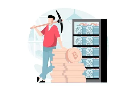 Cryptocurrency mining concept with people scene in flat design. Man with pick Stock Illustration