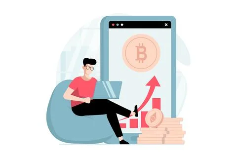 Cryptocurrency mining concept with people scene in flat design. Man mines bit Stock Illustration