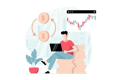 Cryptocurrency mining concept with people scene in flat design. Man sells bit Stock Illustration