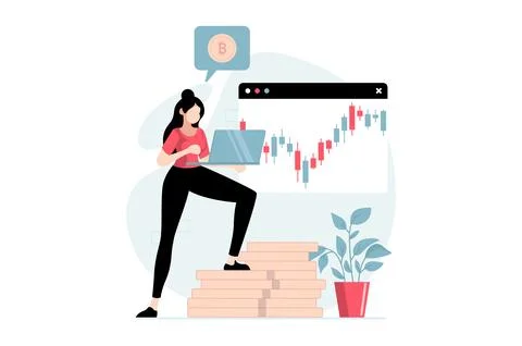 Cryptocurrency mining concept with people scene in flat design. Woman sells b Stock Illustration