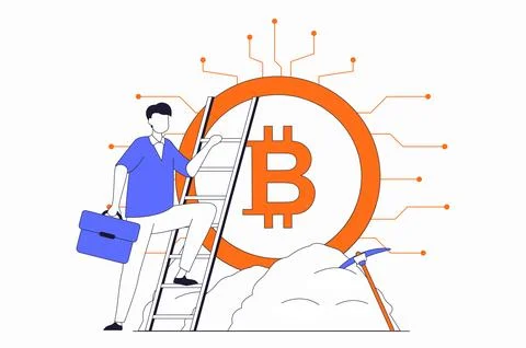 Cryptocurrency mining concept with people scene in flat outline design. Man.. Stock Illustration