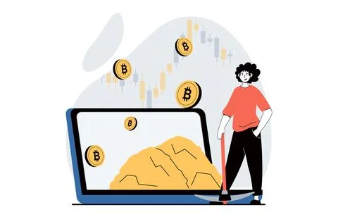 Cryptocurrency mining concept with people scene in flat design for web. Man w Illustrazione stock