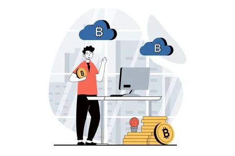 Cryptocurrency mining concept with people scene in flat design for web. Man m Stock Illustration