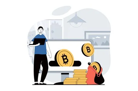 Cryptocurrency mining concept with people scene in flat design for web. Man m Stock Illustration