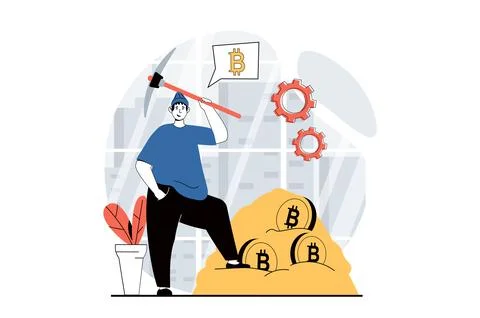 Cryptocurrency mining concept with people scene in flat design for web. Man w Stock Illustration