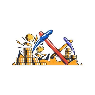 Cryptocurrency mining concept with pickaxe, coins, digital mining equipment Stock Illustration